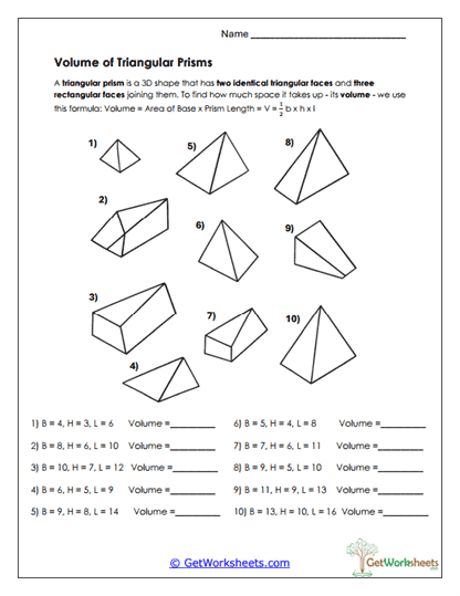 Triangular Prisms Worksheet
