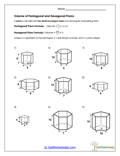 Pentagonal and Hexagonal Prisms Worksheet