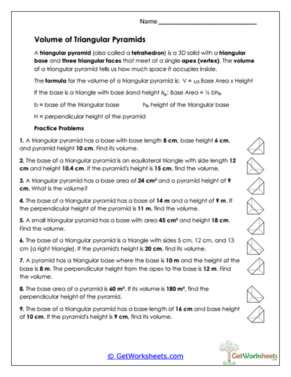 Triangular Pyramids Worksheet