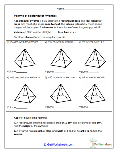 Rectangular Pyramids Worksheet