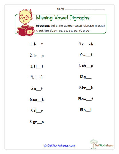 Missing Vowel Digraphs Worksheet