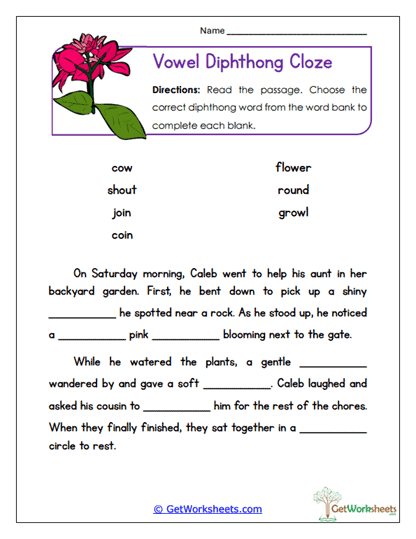 Diphthong Cloze Worksheet