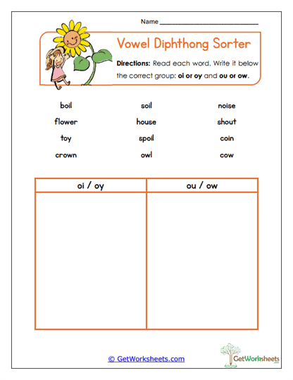 Vowel Diphthong Sorter Worksheet