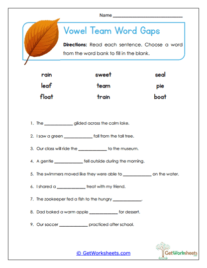 Word Gaps Worksheet
