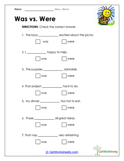 Was vs. Were Basics Worksheet