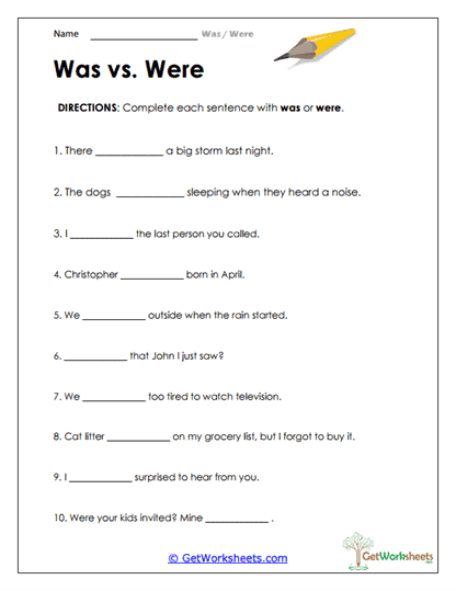 Sentence Completion with Was/Were Worksheet
