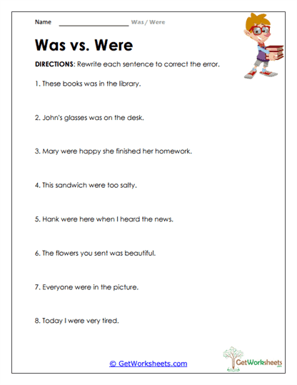 Correcting Was/Were Errors Worksheet