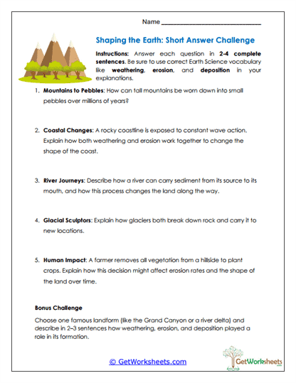 Earth Shaping Short Answers Worksheet