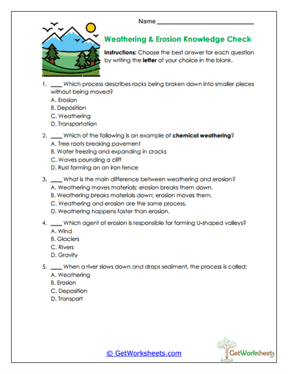 Weathering & Erosion Quiz Worksheet