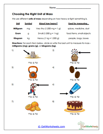 Choosing Units of Mass Worksheet