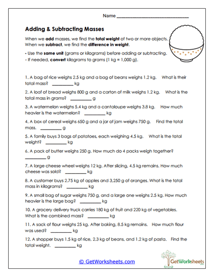 Adding and Subtracting Masses Worksheet