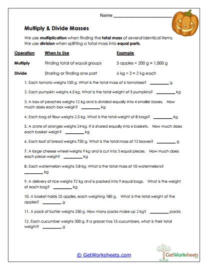 Multiply and Divide Masses Worksheet