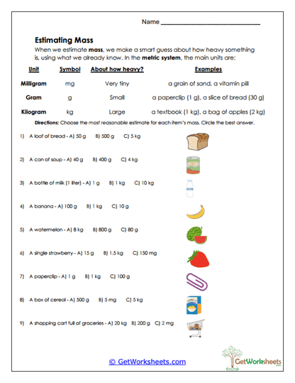 Estimating Mass Worksheet