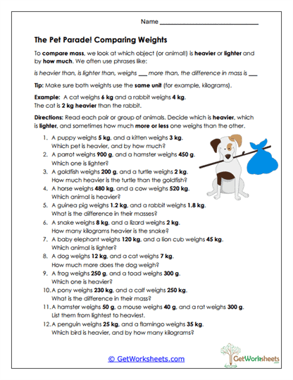 Comparing Weights Worksheet