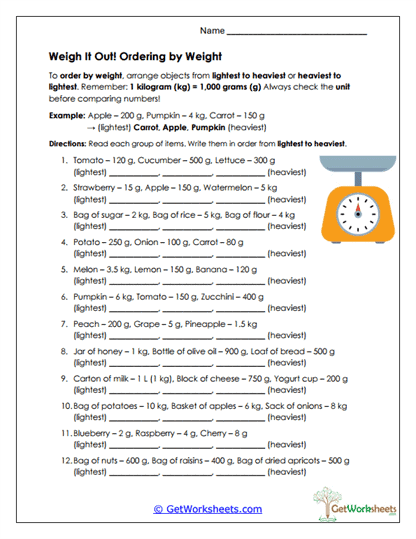 Ordering by Weight Worksheet