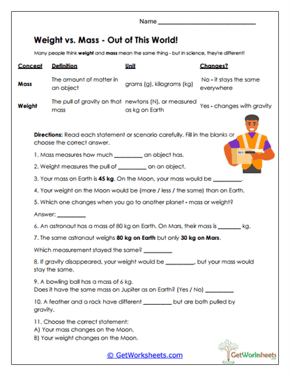 Weight vs. Mass Worksheet
