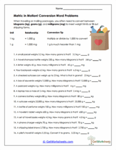 Conversion Word Problems Worksheet - Metric Math in Context