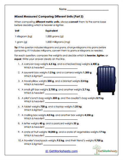 Comparing Mixed Units Worksheet