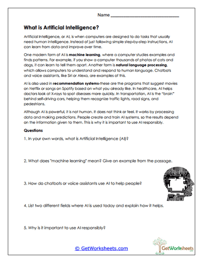 Understanding Artificial Intelligence Worksheet
