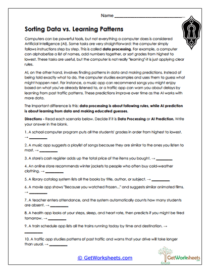 Data vs Prediction Worksheet