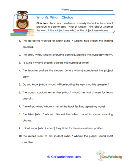 Who vs. Whom Choice Worksheet