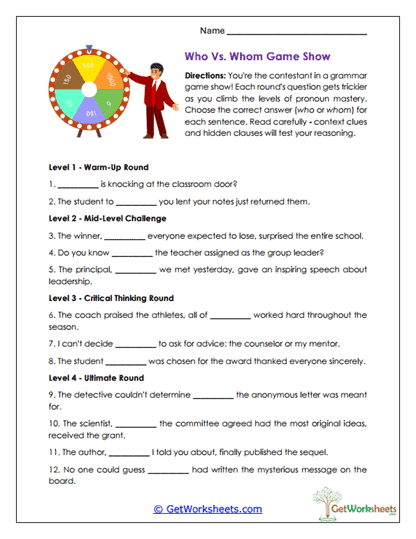 Who vs. Whom Game Show Worksheet