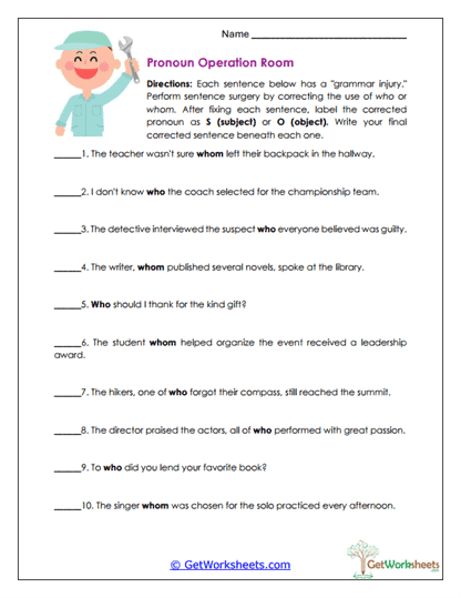 Pronoun Operation Room Worksheet