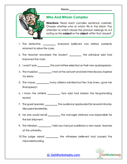 Who and Whom Complex Worksheet