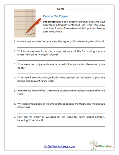 Peace on Paper Worksheet