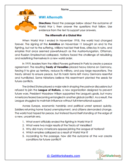 WWI Aftermath Worksheet