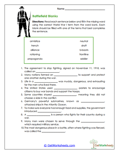 Battlefield Blanks Worksheet