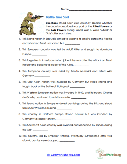 Battle Line Sort Worksheet