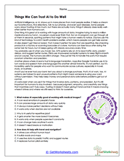 Things We Can Trust AI to Do Well Worksheet