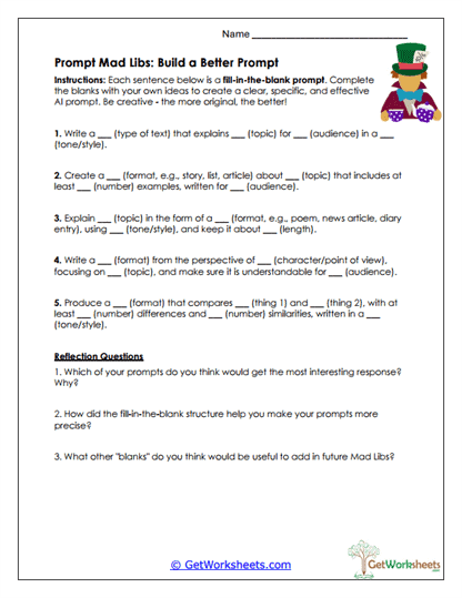 Prompt Mad Libs Worksheet