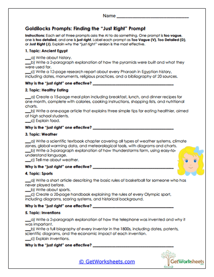 Goldilocks Prompts Worksheet
