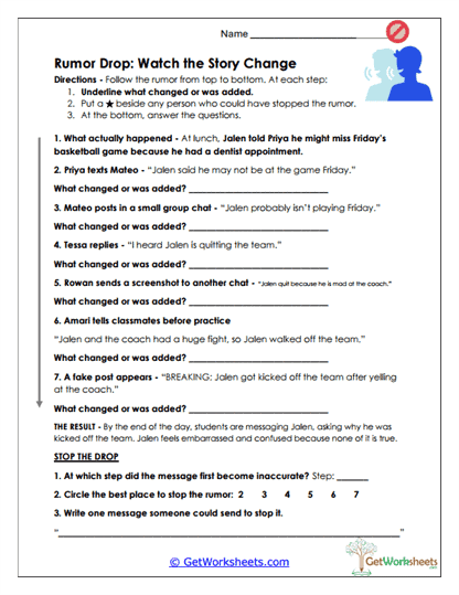 Rumor Drop: Watch the Story Change Worksheet