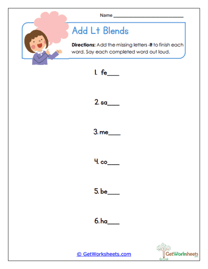 Add Lt Blends Worksheet