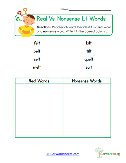 Real vs. Nonsense Lt Words Worksheet