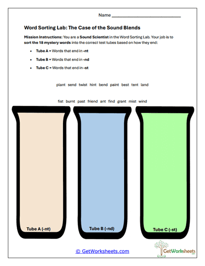 Word Sorting Lab - Sound Blends Worksheet