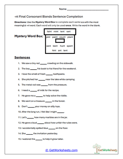 NT Blend Sentence Completion Worksheet