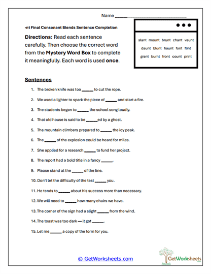Advanced NT Blend Sentences Worksheet