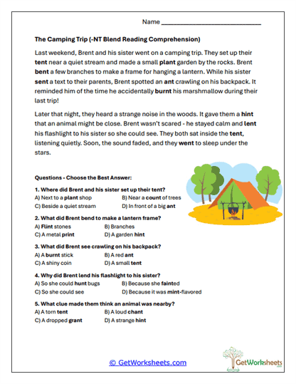 The Camping Trip Reading Worksheet