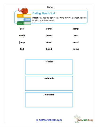 Ending Blends Sort Worksheet