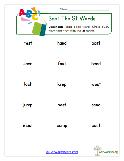 Spot the St Words Worksheet